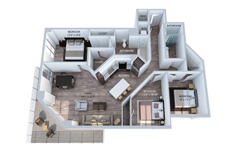 Floor plan for 3 beds, 2 baths, 1376 sqft